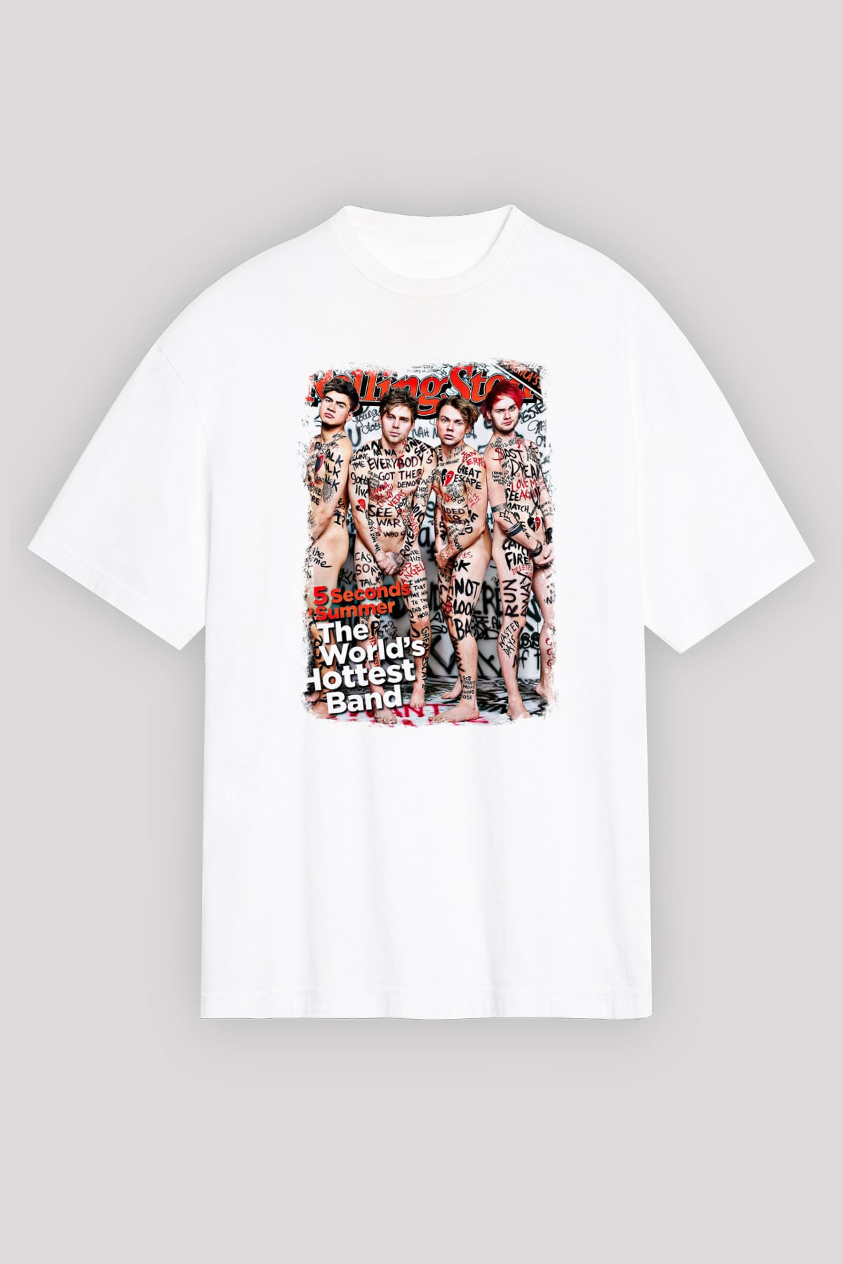 5 Seconds Of Summer Baskılı Unisex Beyaz Oversize Tişört