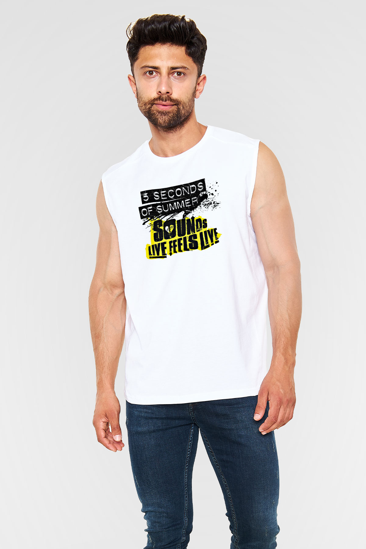 5 Seconds Of Summer Baskılı Unisex Beyaz Kolsuz Tişört