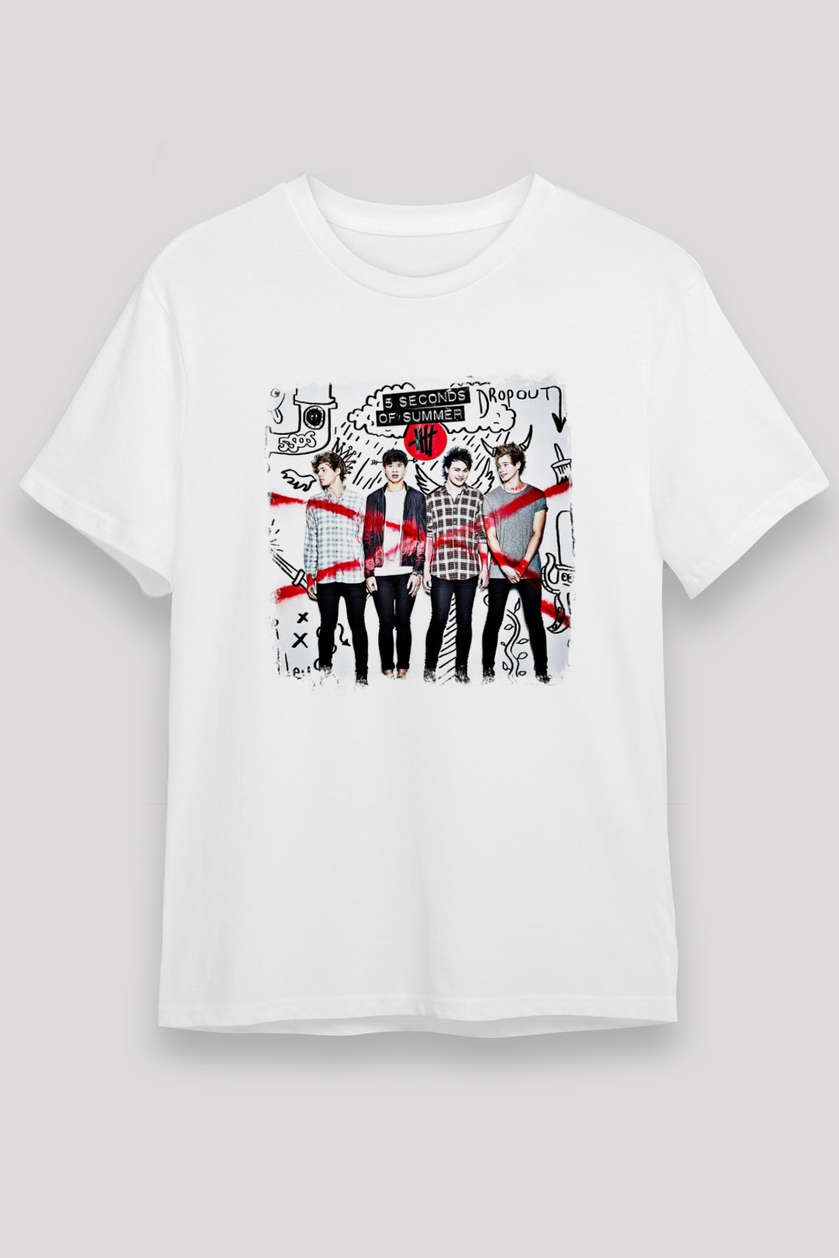 5 Seconds Of Summer Baskılı Unisex Beyaz Tişört