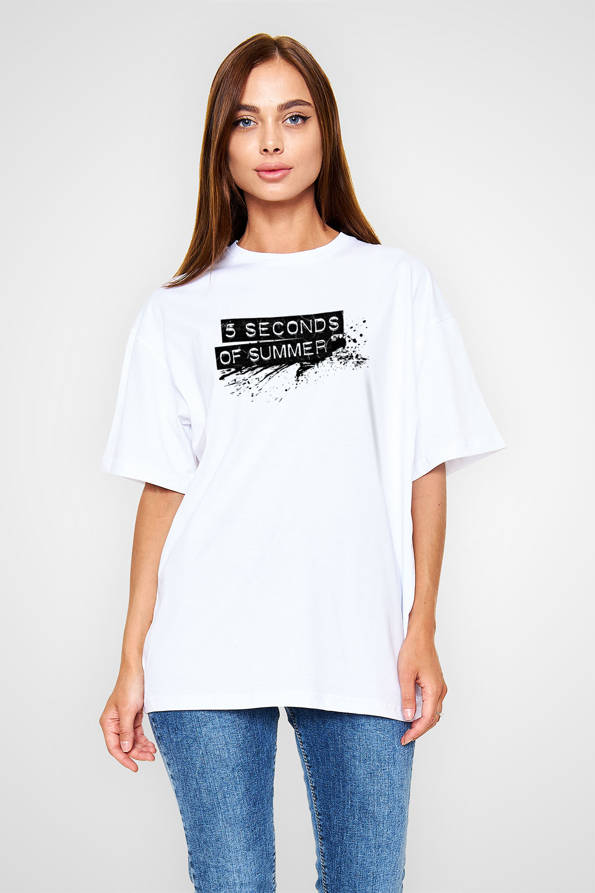 5 Seconds Of Summer Baskılı Unisex Beyaz Oversize Tişört
