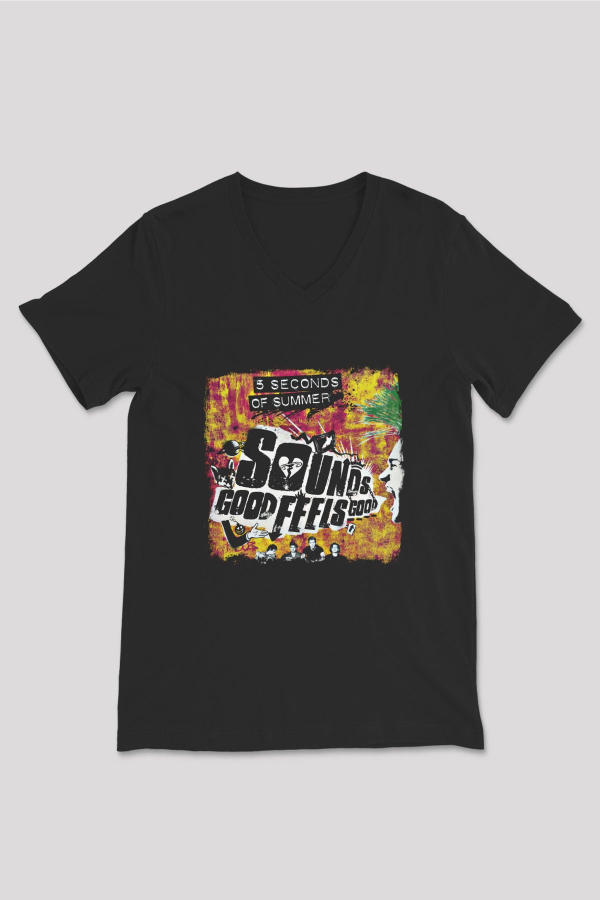 5 Seconds Of Summer Baskılı Unisex Siyah V Yaka Tişört