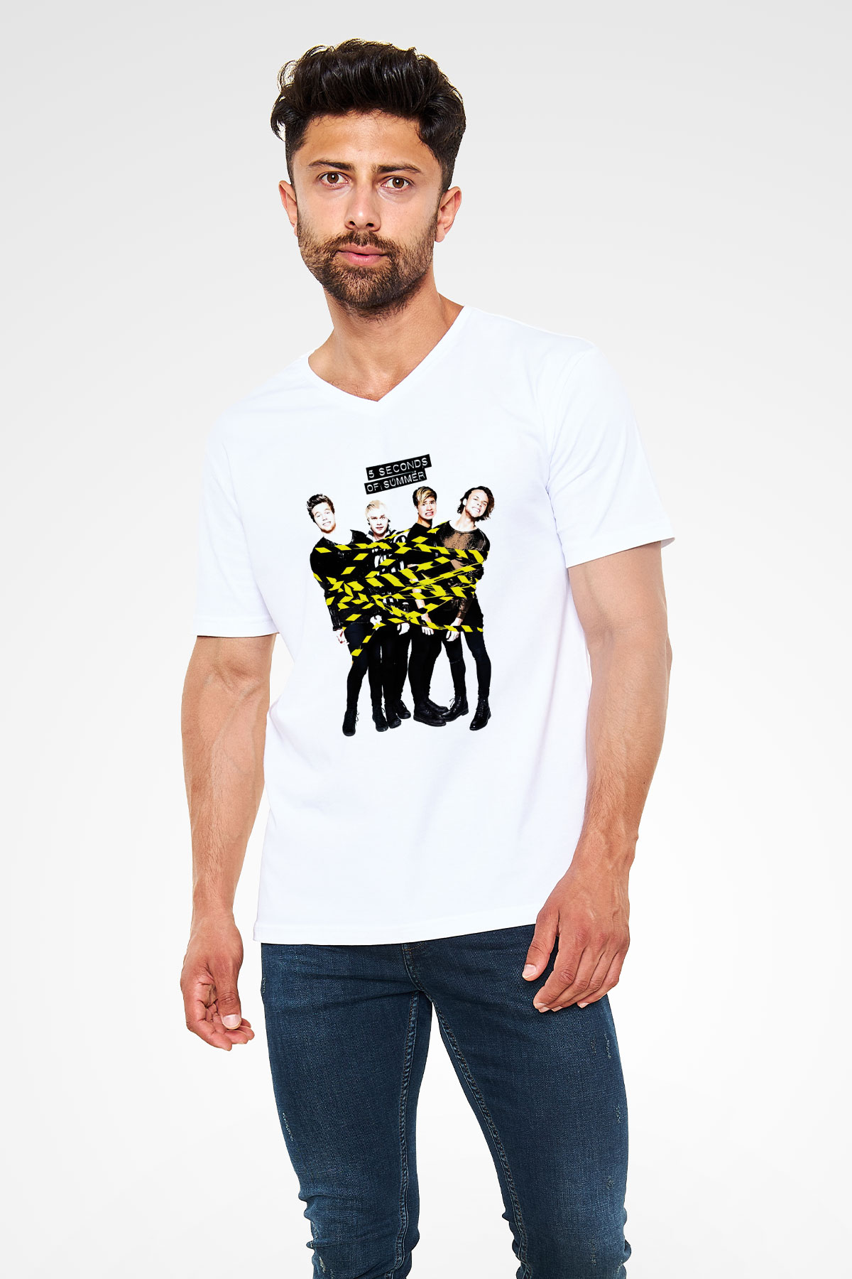 5 Seconds Of Summer Beyaz Unisex V Yaka Tişört T-Shirt