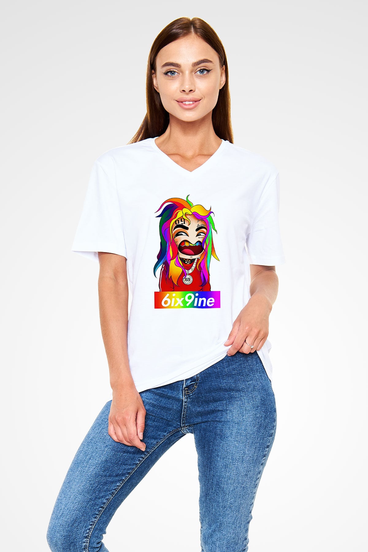 6ix9ine Baskılı Beyaz Unisex V Yaka Tişört - Tshirt