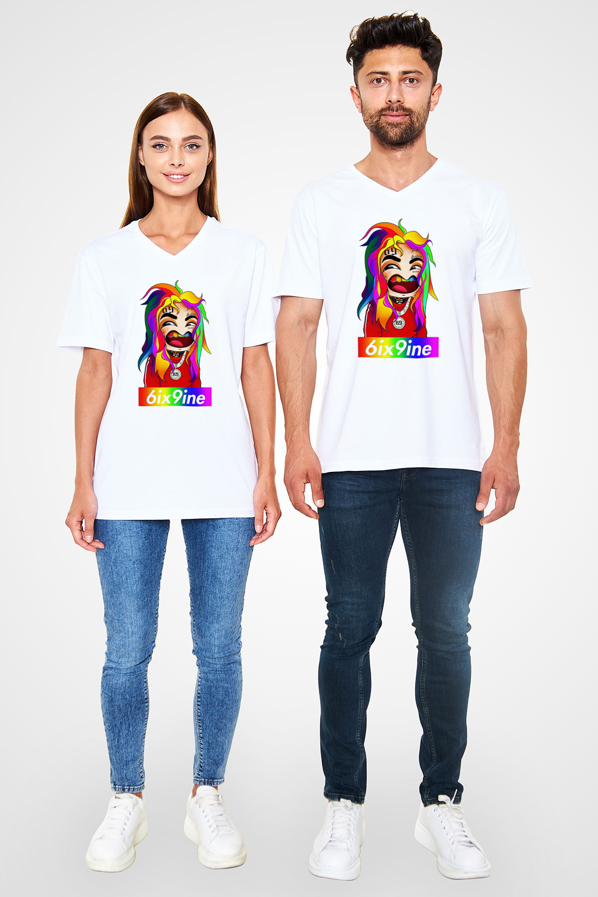 6ix9ine Baskılı Beyaz Unisex V Yaka Tişört - Tshirt