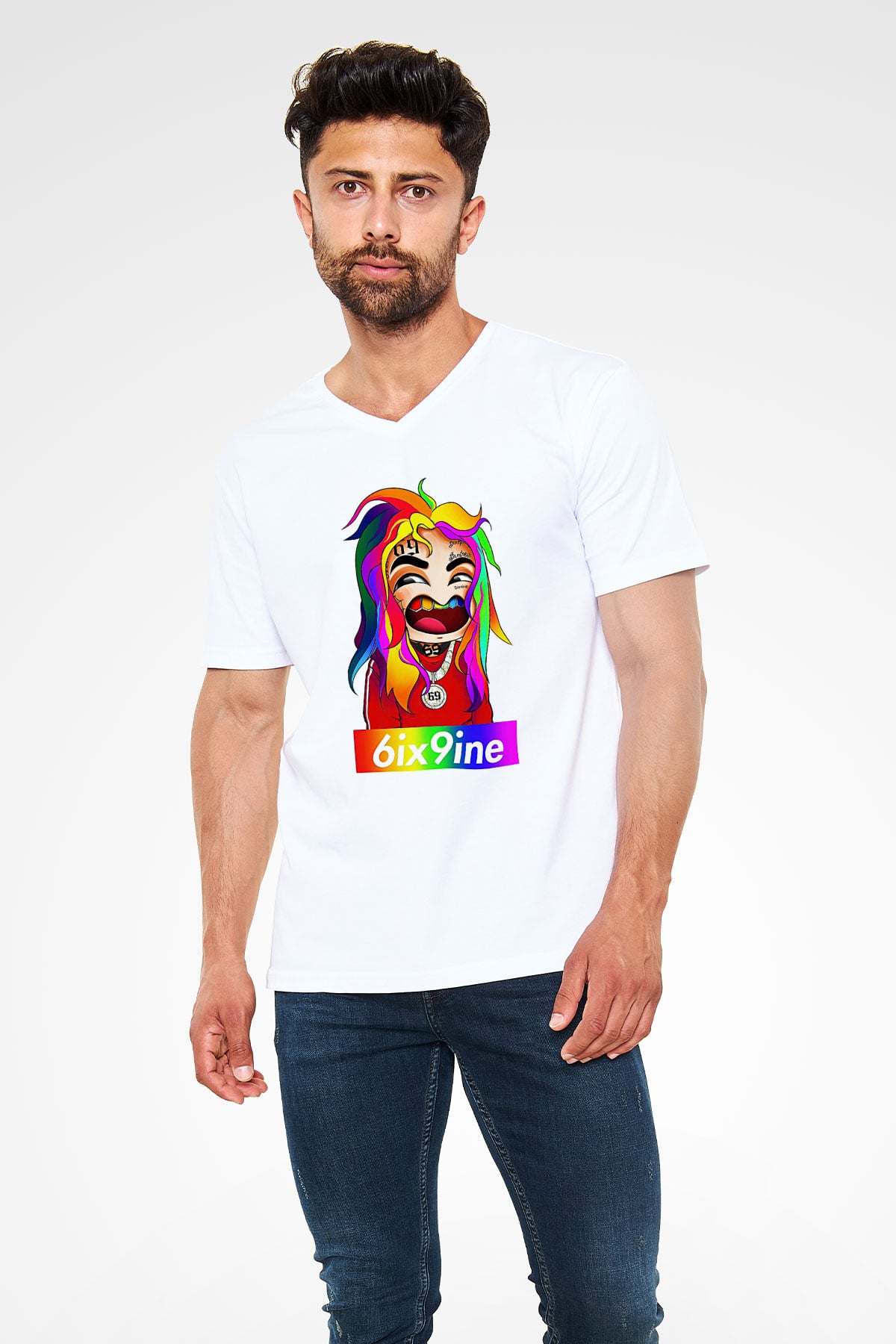 6ix9ine Baskılı Beyaz Unisex V Yaka Tişört - Tshirt