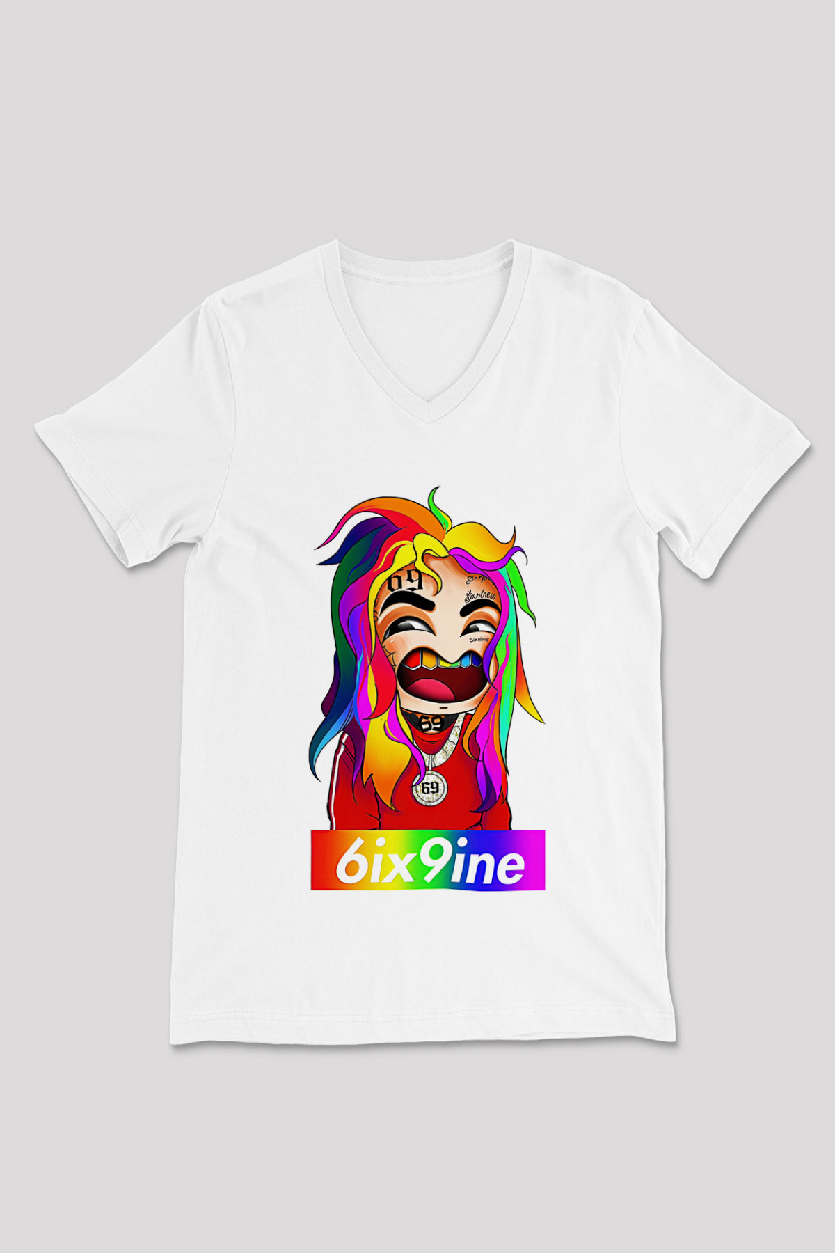 6ix9ine Baskılı Beyaz Unisex V Yaka Tişört - Tshirt
