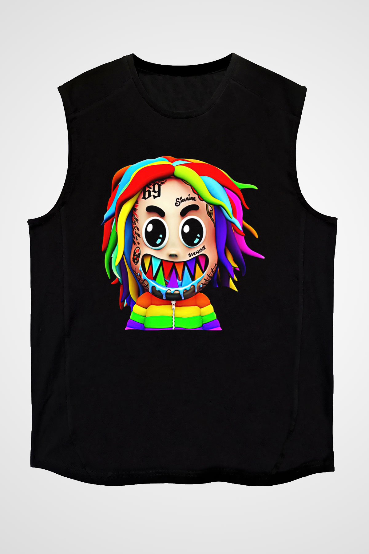 6ix9ine Baskılı Unisex Siyah Kolsuz Tişört - Tshirt