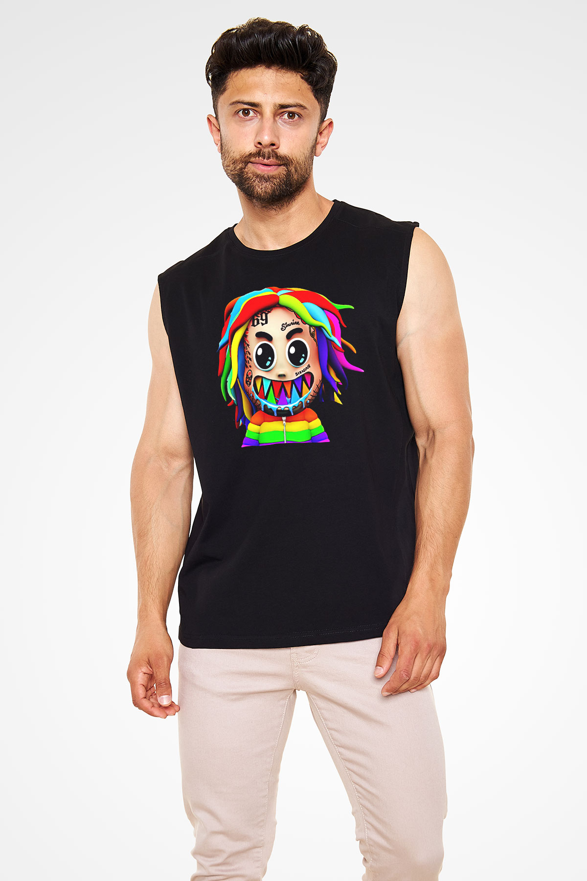 6ix9ine Baskılı Unisex Siyah Kolsuz Tişört - Tshirt