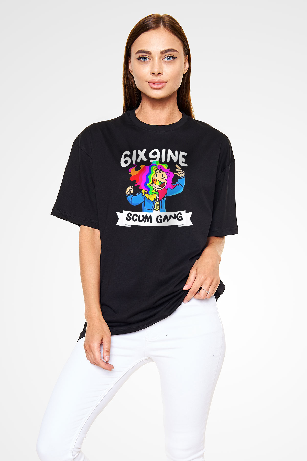 6ix9ine Baskılı Unisex Siyah Oversize Tişört - Tshirt