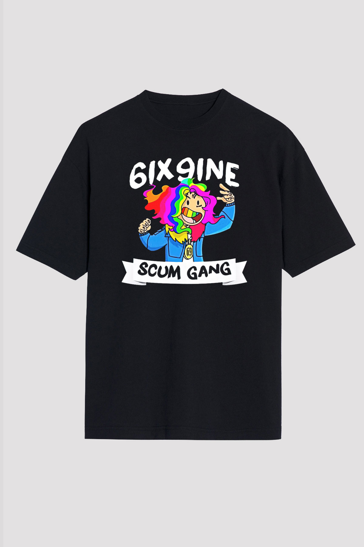 6ix9ine Baskılı Unisex Siyah Oversize Tişört - Tshirt