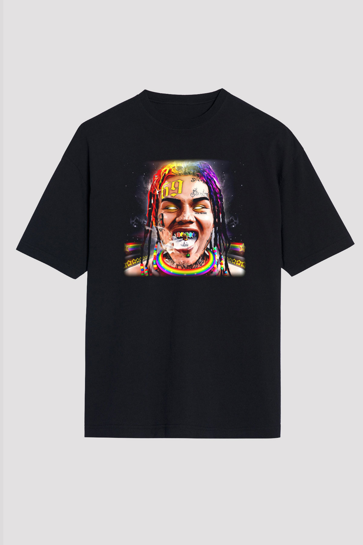 6ix9ine Baskılı Unisex Siyah Oversize Tişört - Tshirt