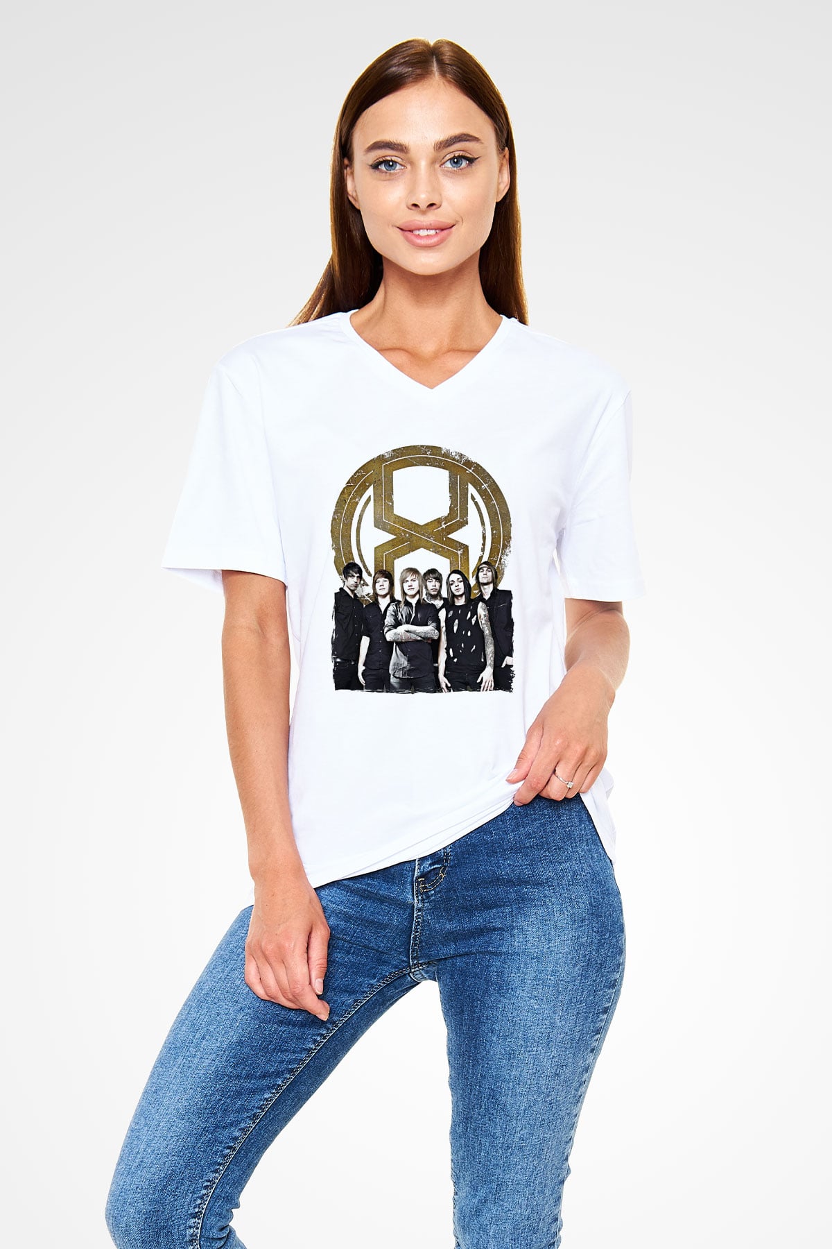A Skylit Drive Baskılı Beyaz Unisex V Yaka Tişört - Tshirt