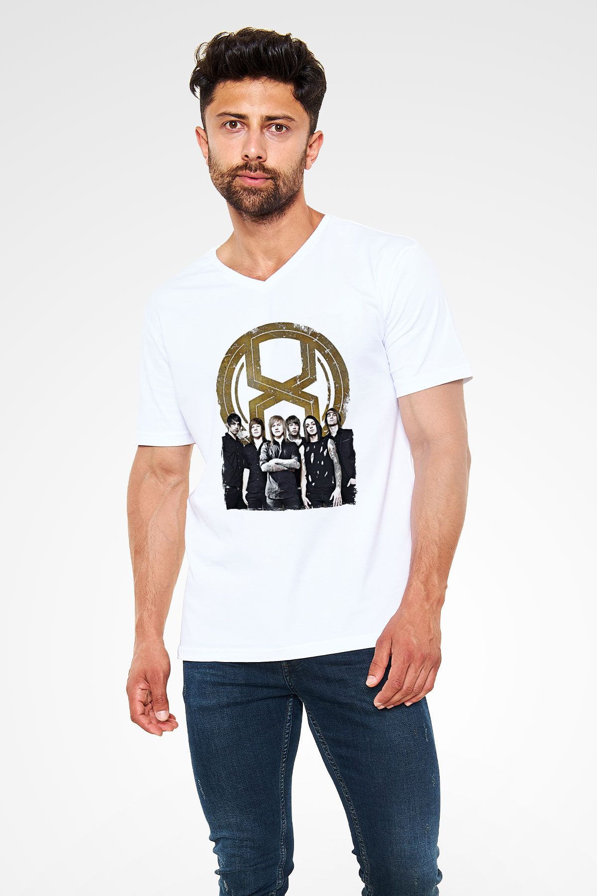 A Skylit Drive Baskılı Beyaz Unisex V Yaka Tişört - Tshirt