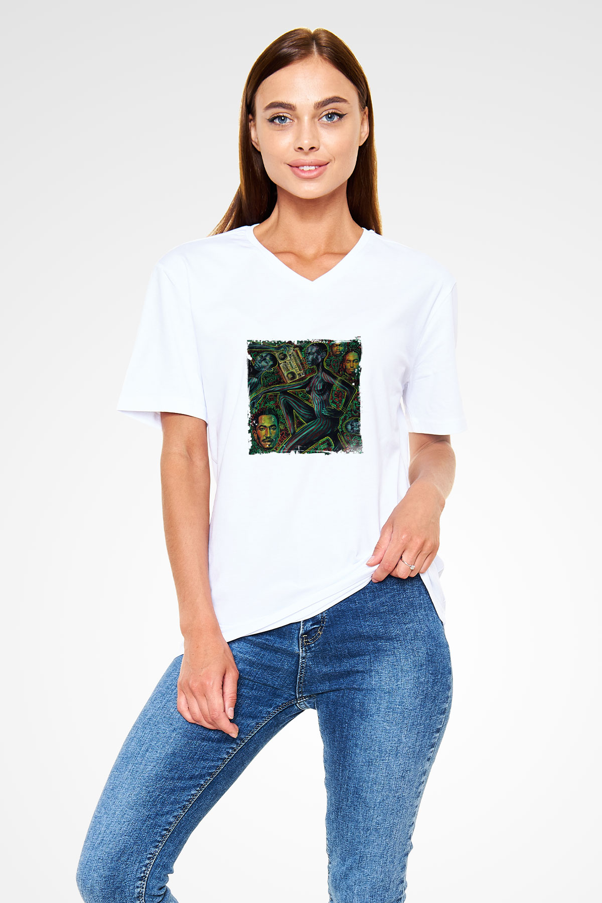A Tribe Called Quest Baskılı Beyaz V Yaka Unisex Tişört