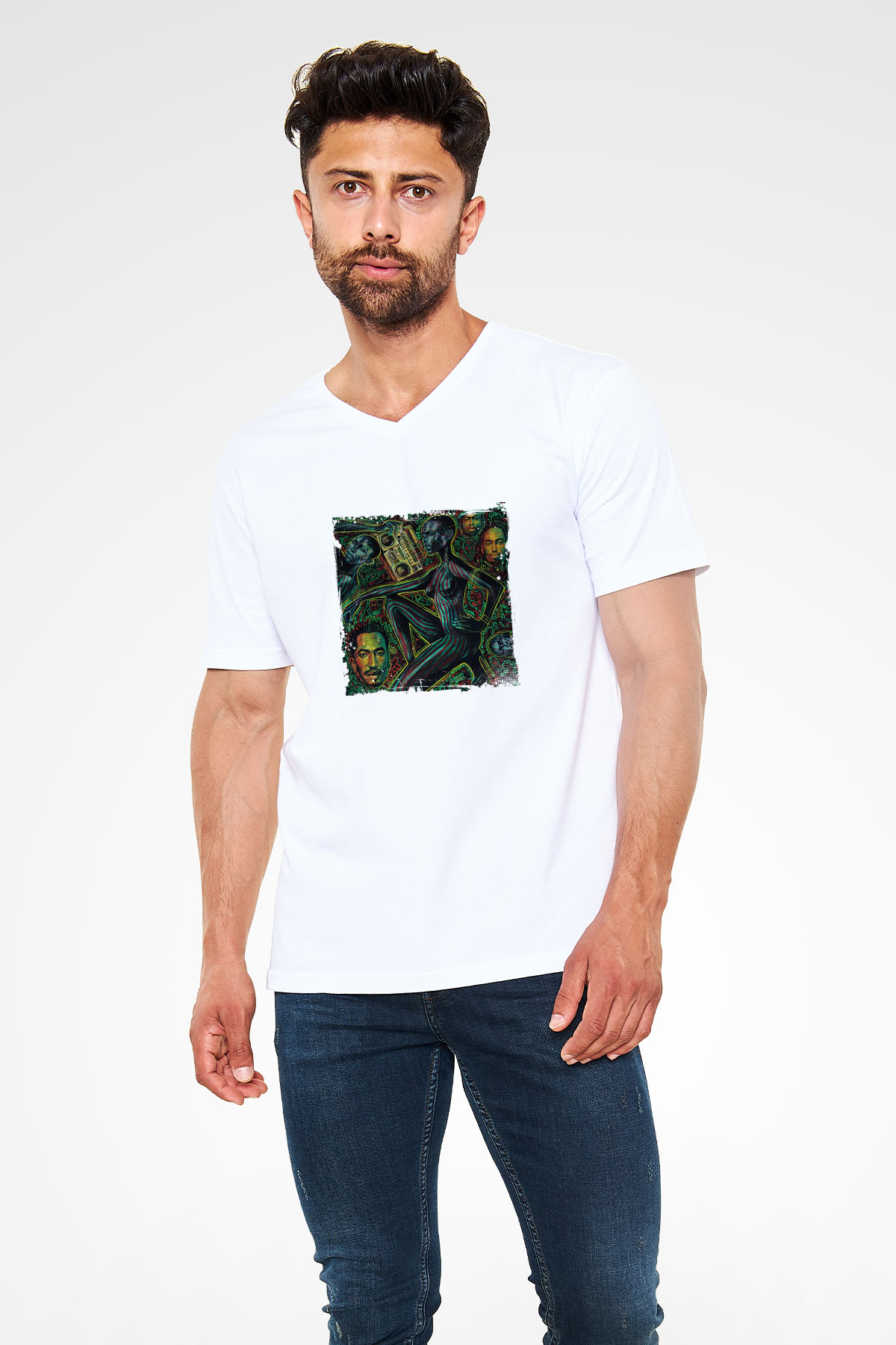 A Tribe Called Quest Baskılı Beyaz V Yaka Unisex Tişört