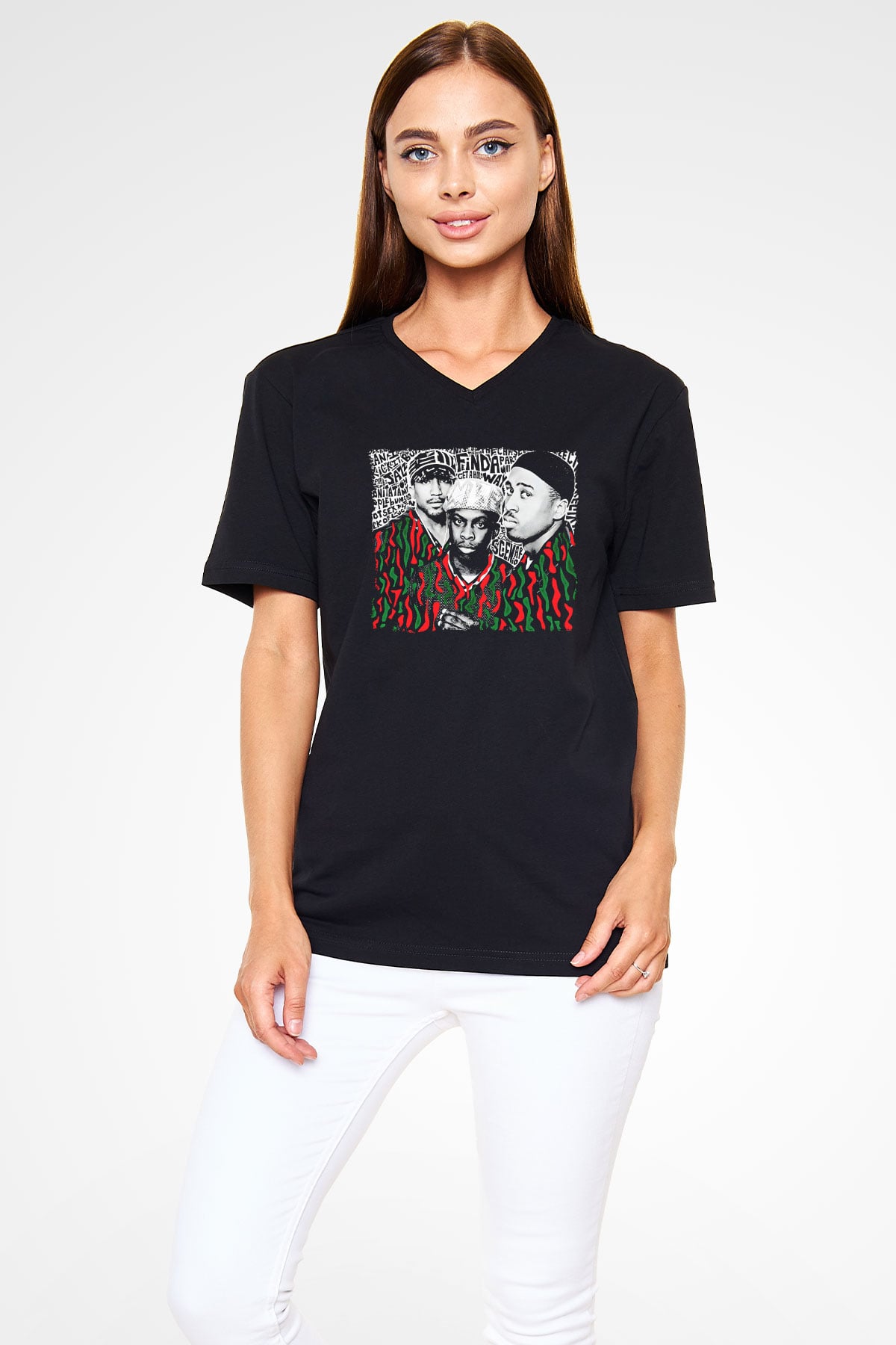 A Tribe Called Quest Baskılı Unisex Siyah V Yaka Tişört - Tshirt