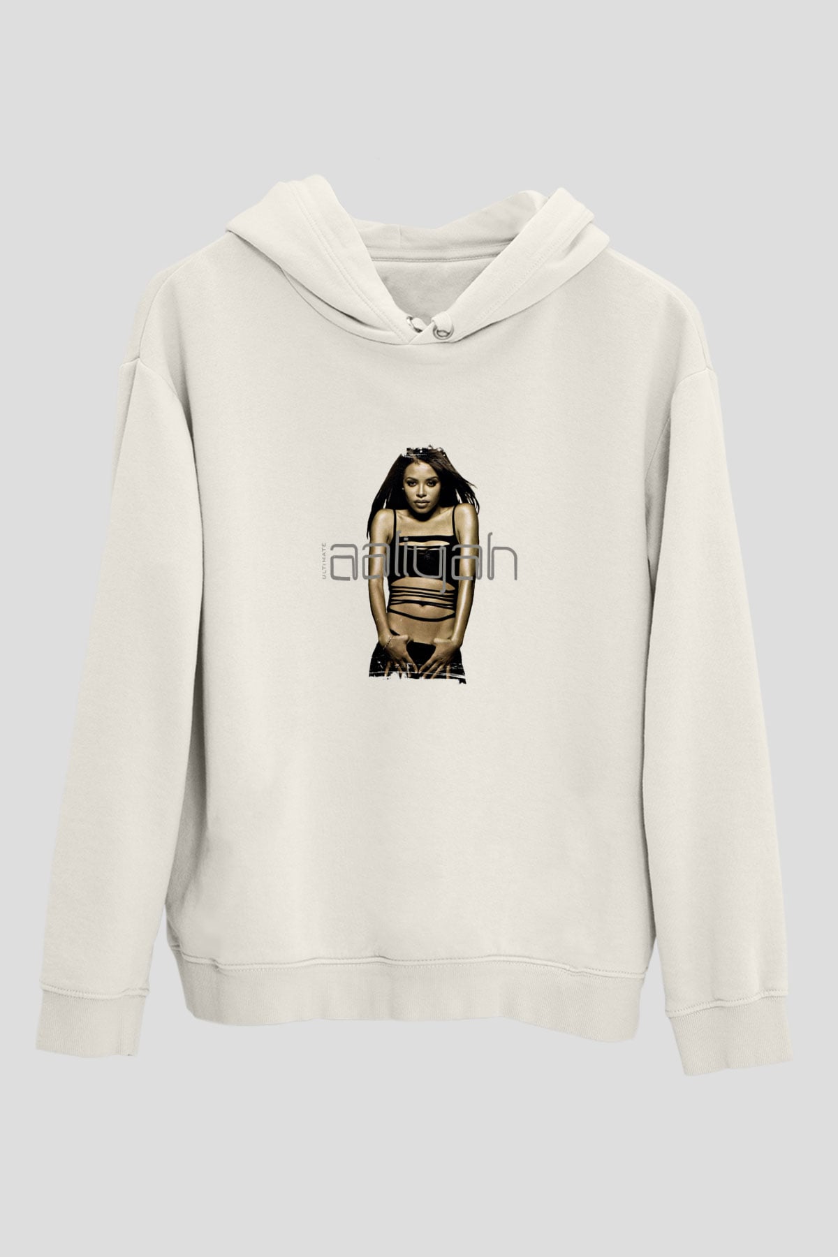 Aaliyah Baskılı Unisex Beyaz Kapüşonlu Sweatshirt