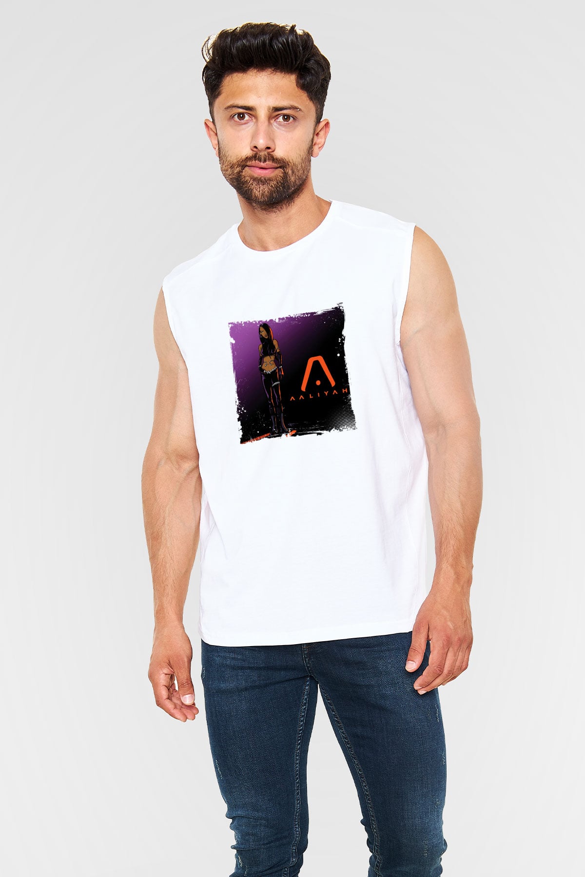 Aaliyah Baskılı Unisex Beyaz Kolsuz Tişört