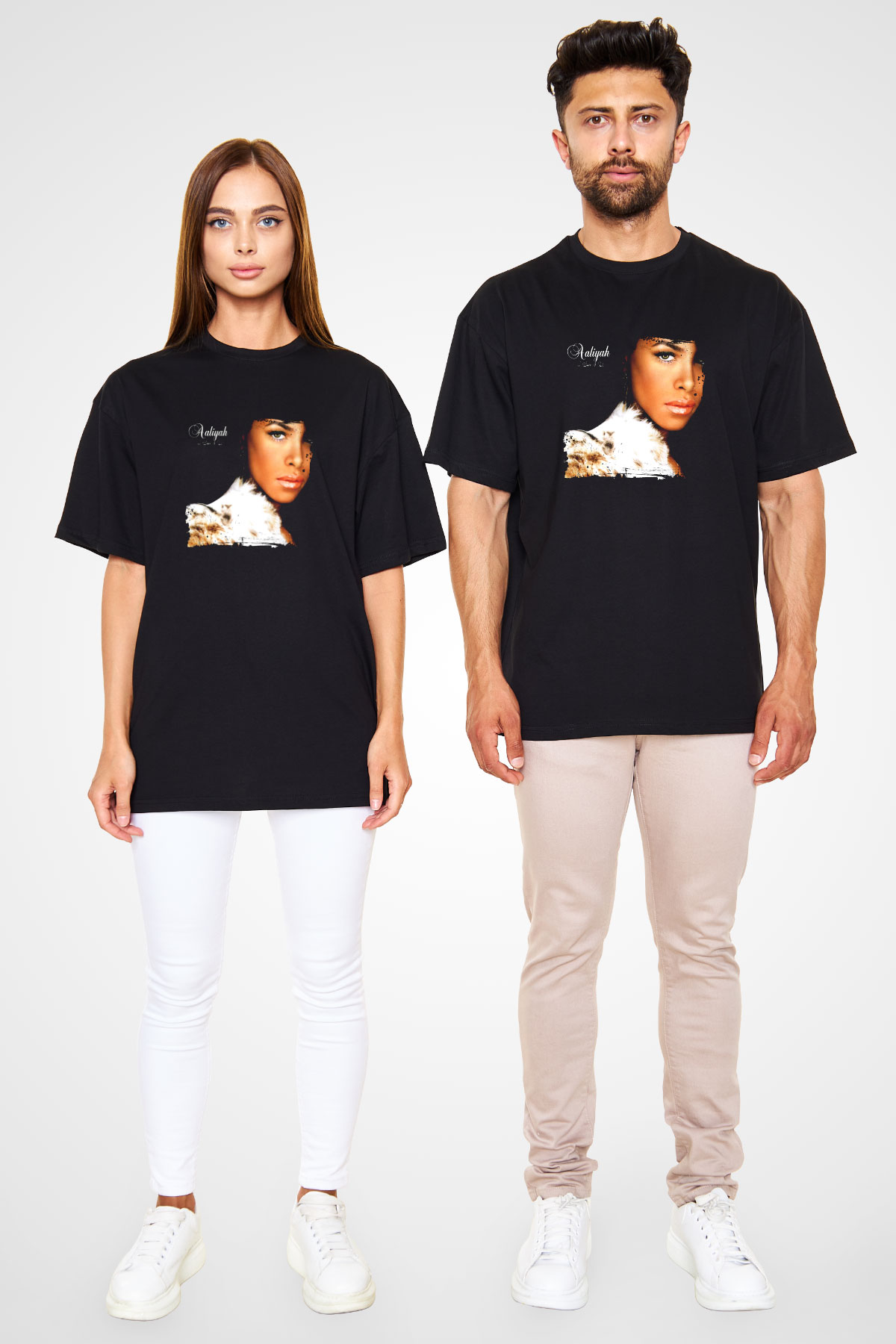 Aaliyah Baskılı Unisex Oversize Siyah Tişört