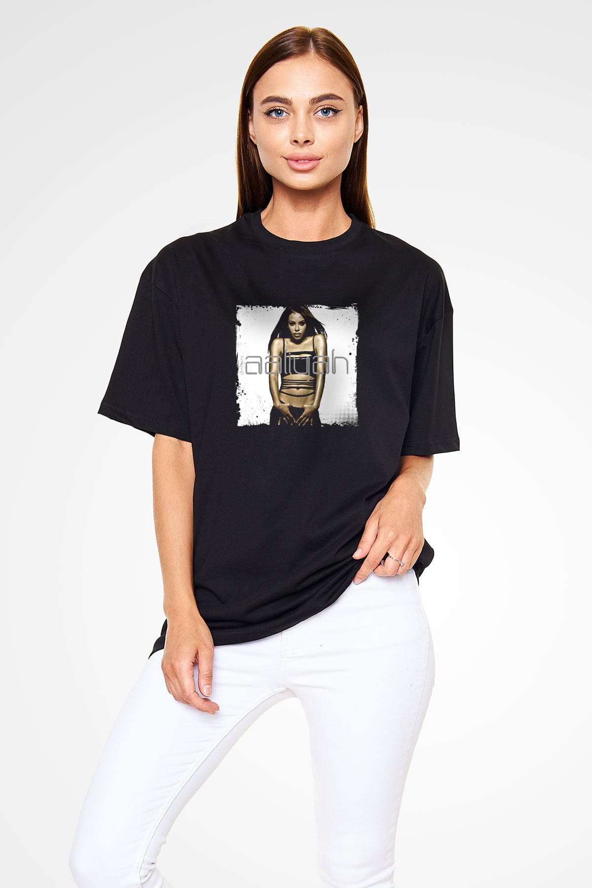 Aaliyah Baskılı Unisex Oversize Siyah Tişört