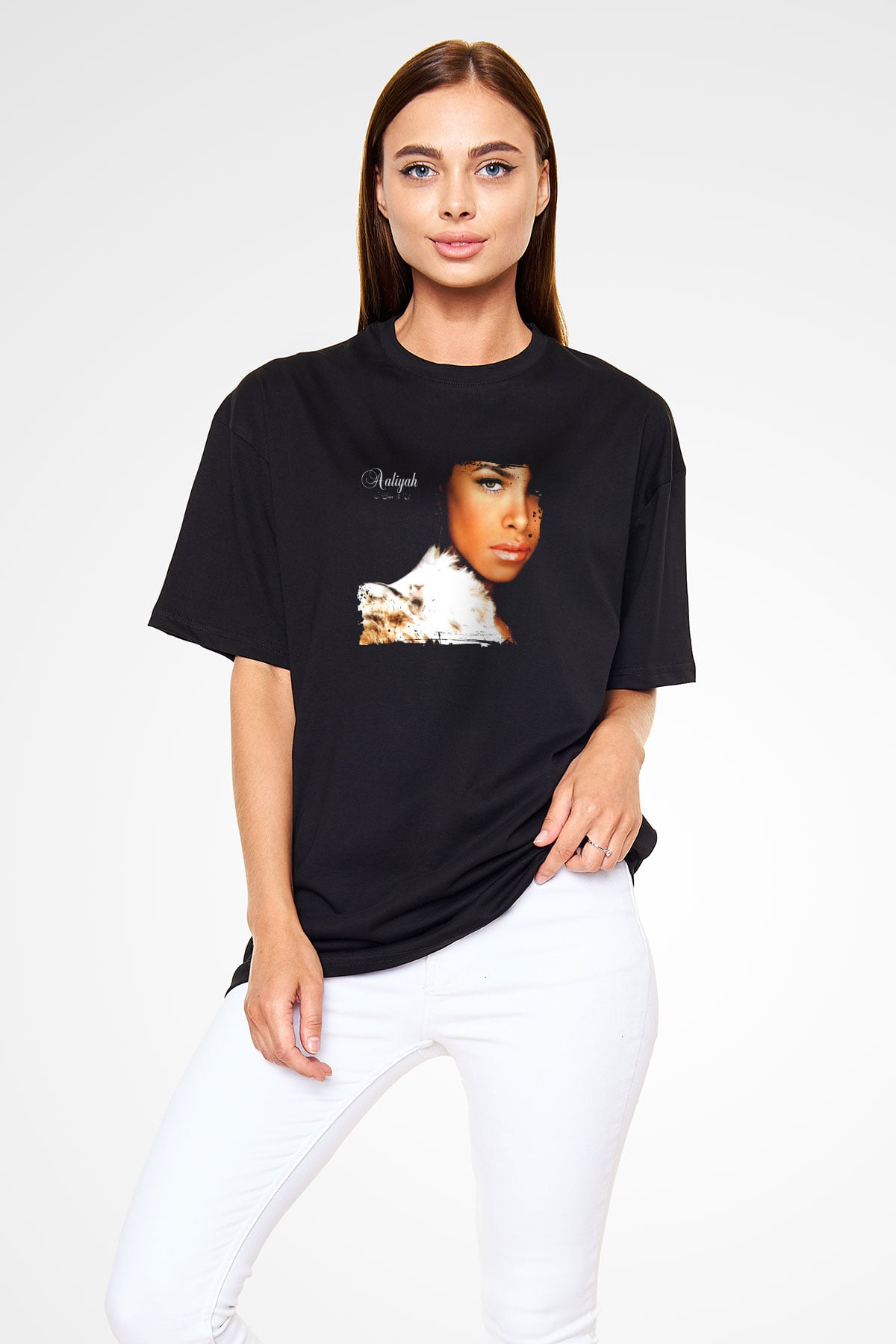 Aaliyah Baskılı Unisex Oversize Siyah Tişört