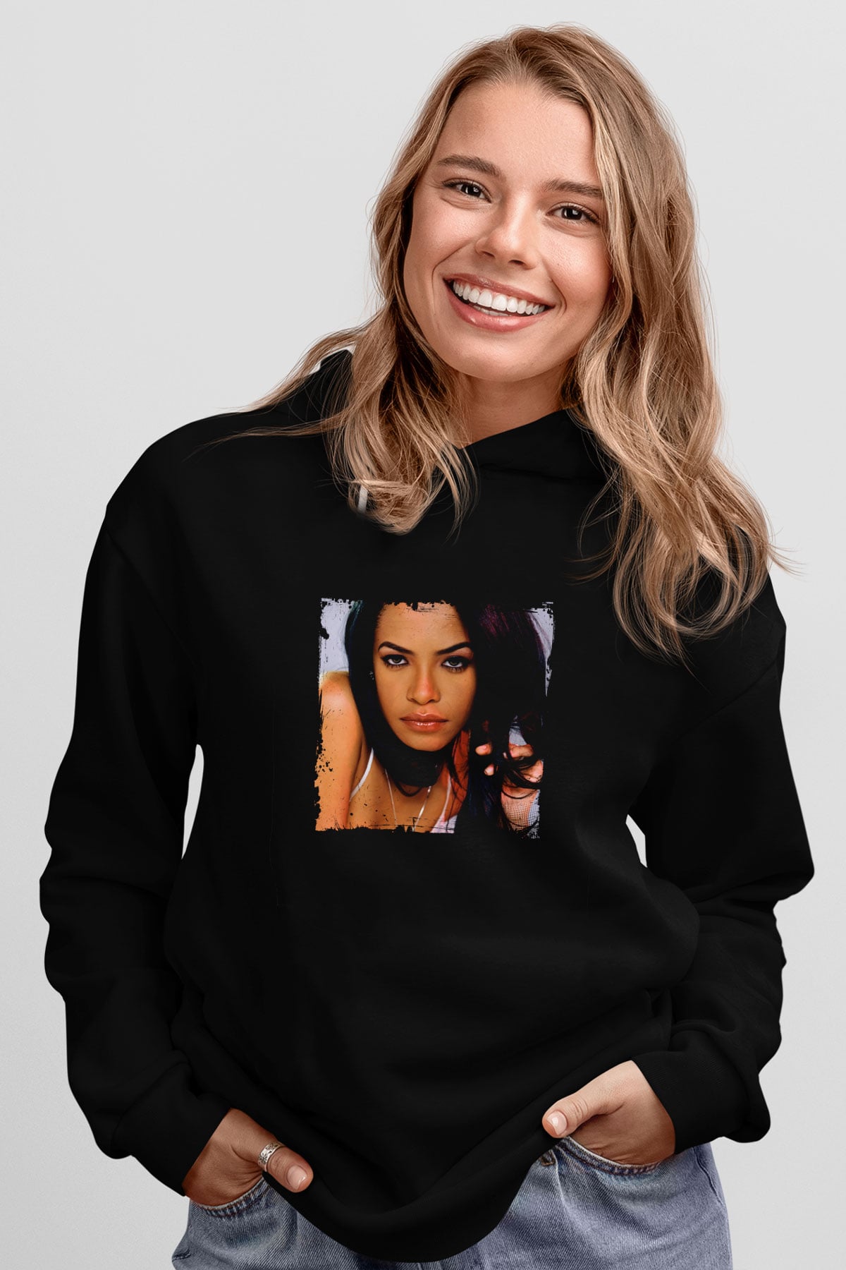 Aaliyah Baskılı Unisex Siyah Hoodie