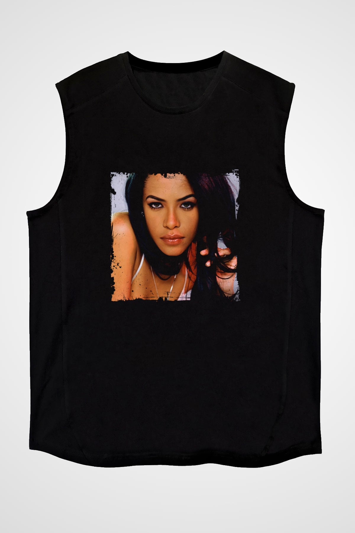 Aaliyah Baskılı Unisex Siyah Kolsuz Tişört