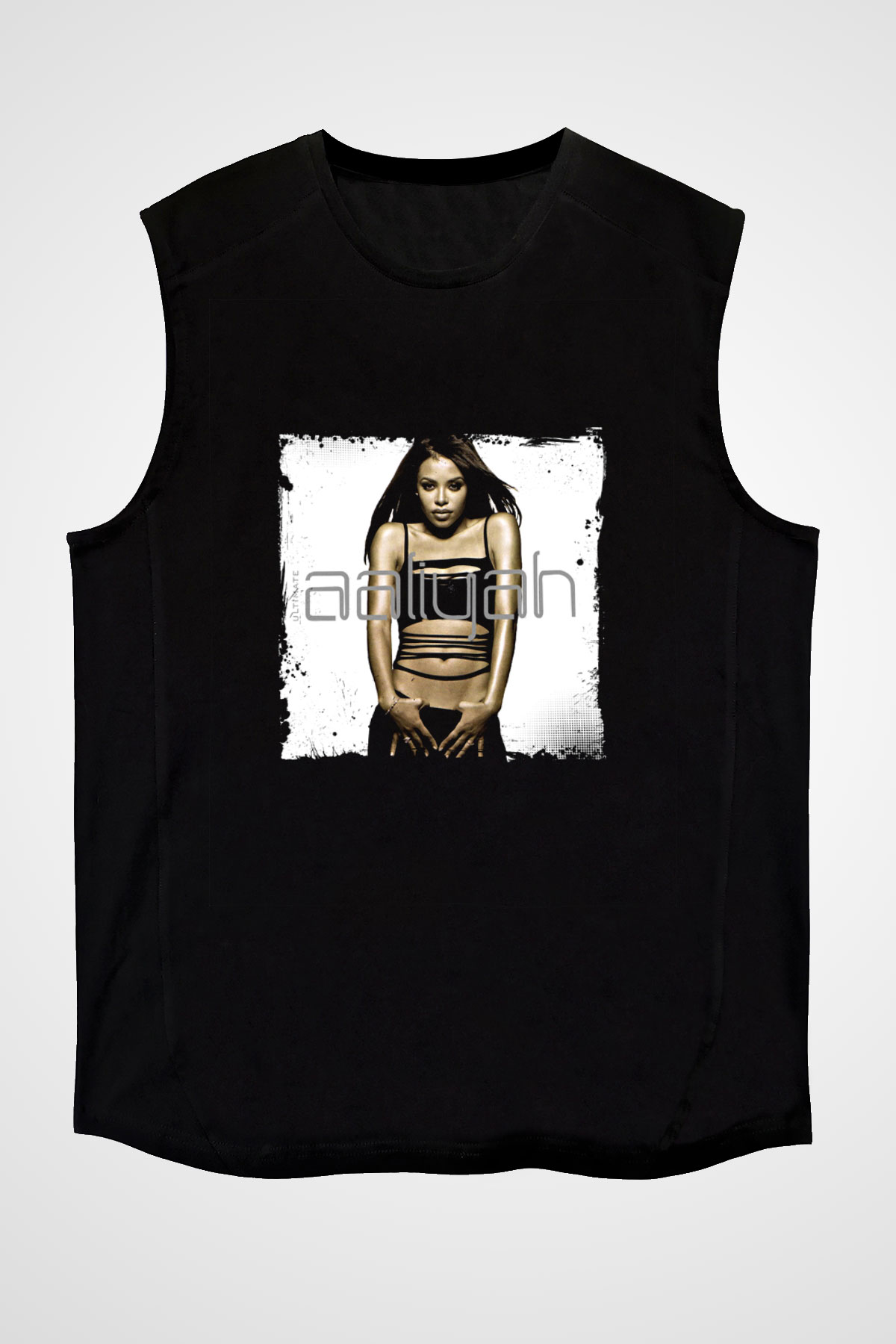 Aaliyah Baskılı Unisex Siyah Kolsuz Tişört