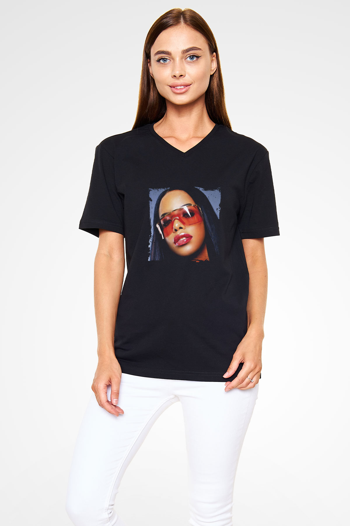 Aaliyah Baskılı Unisex Siyah V Yaka Tişört