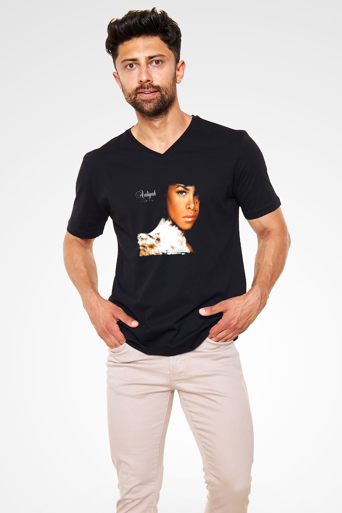 Aaliyah Baskılı Unisex Siyah V Yaka Tişört