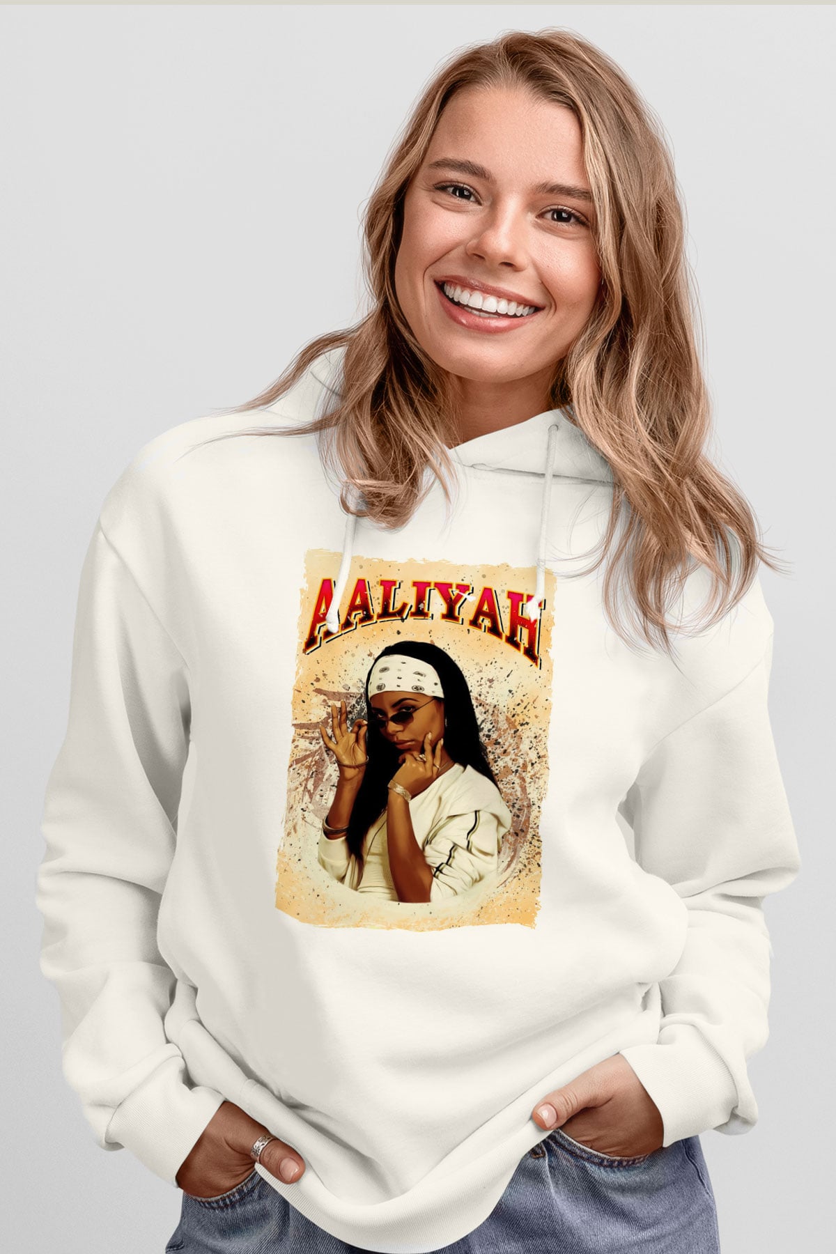 Aaliyah Beyaz Unisex Kapüşonlu Sweatshirt