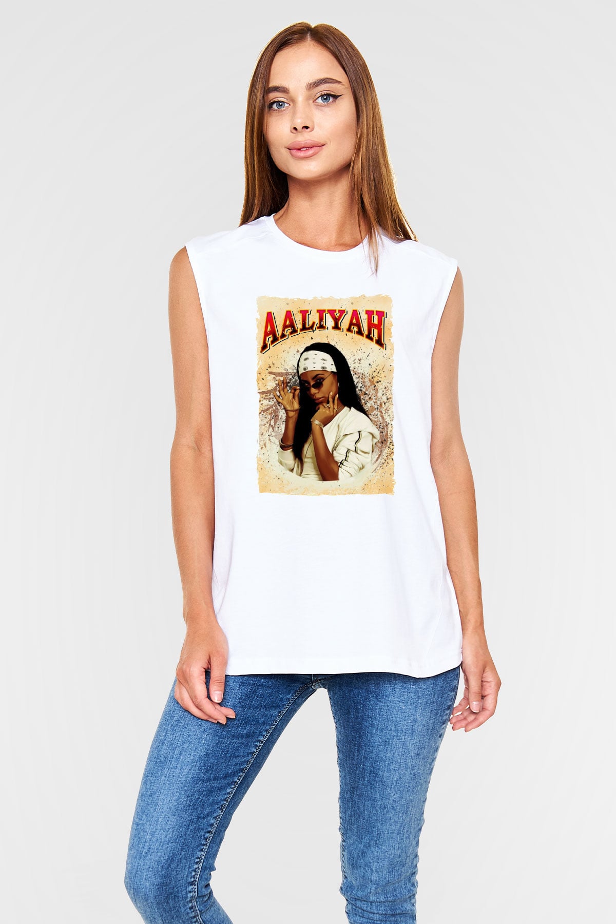 Aaliyah Beyaz Unisex Kolsuz Tişört