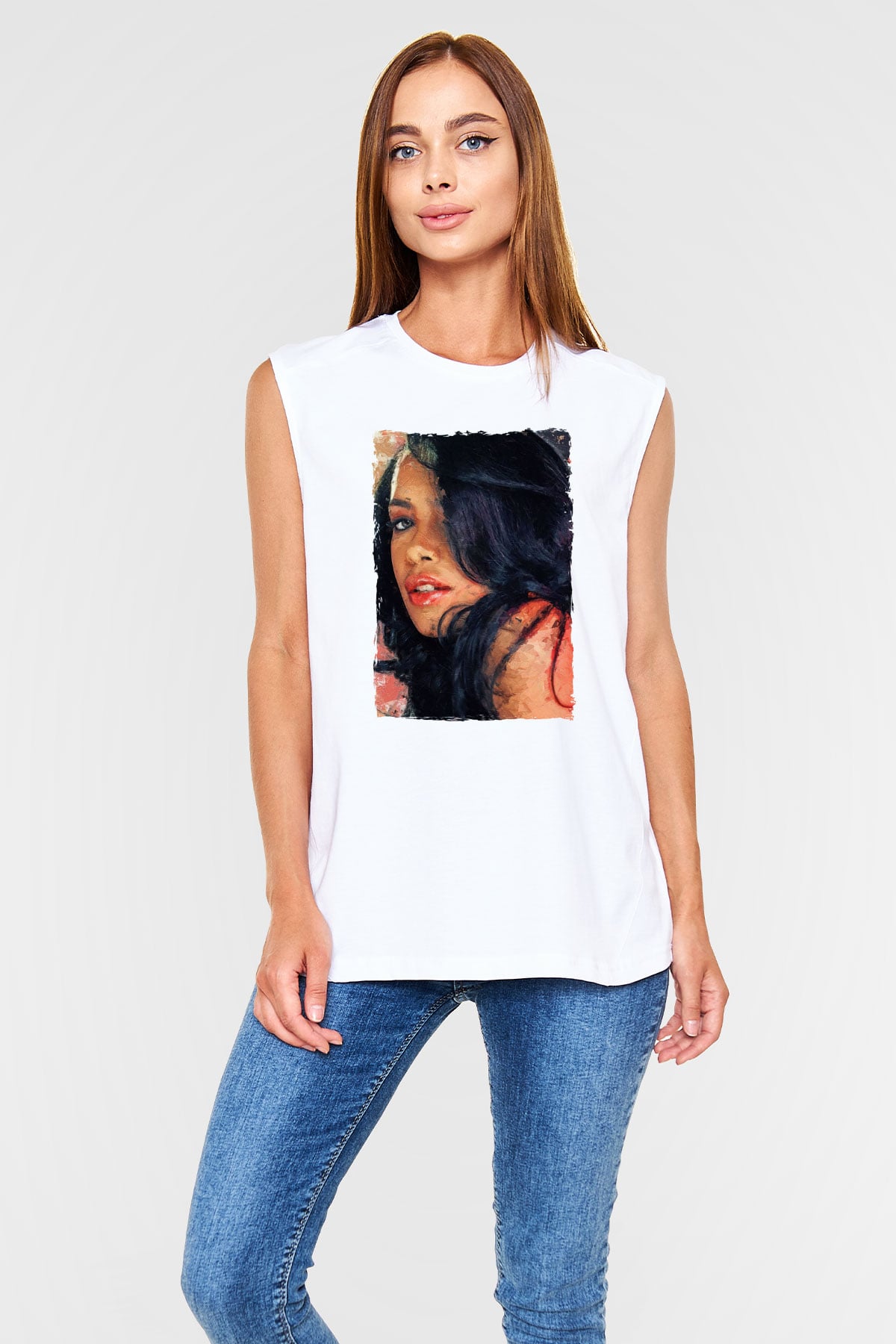 Aaliyah Beyaz Unisex Kolsuz Tişört