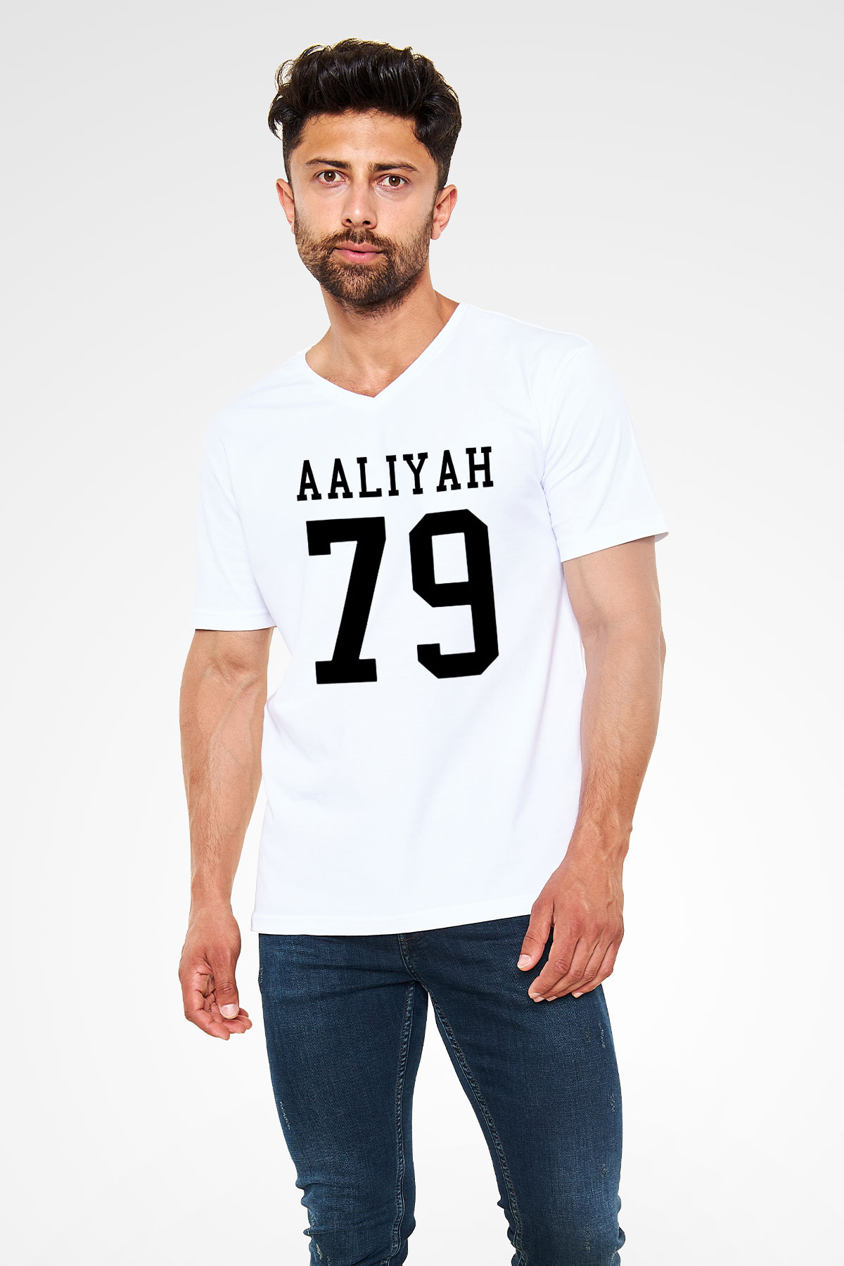 Aaliyah Beyaz Unisex V Yaka Tişört T-Shirt