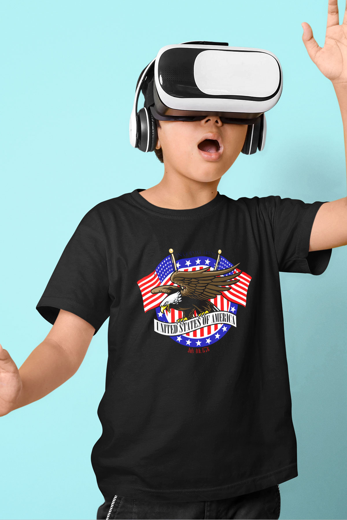ABD Baskılı Siyah Unisex Çocuk Tişört