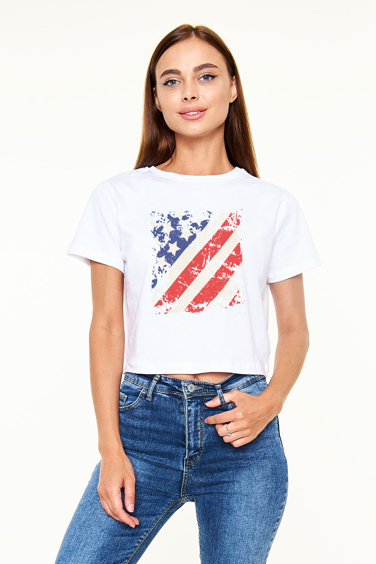 ABD Beyaz Croptop Tişört