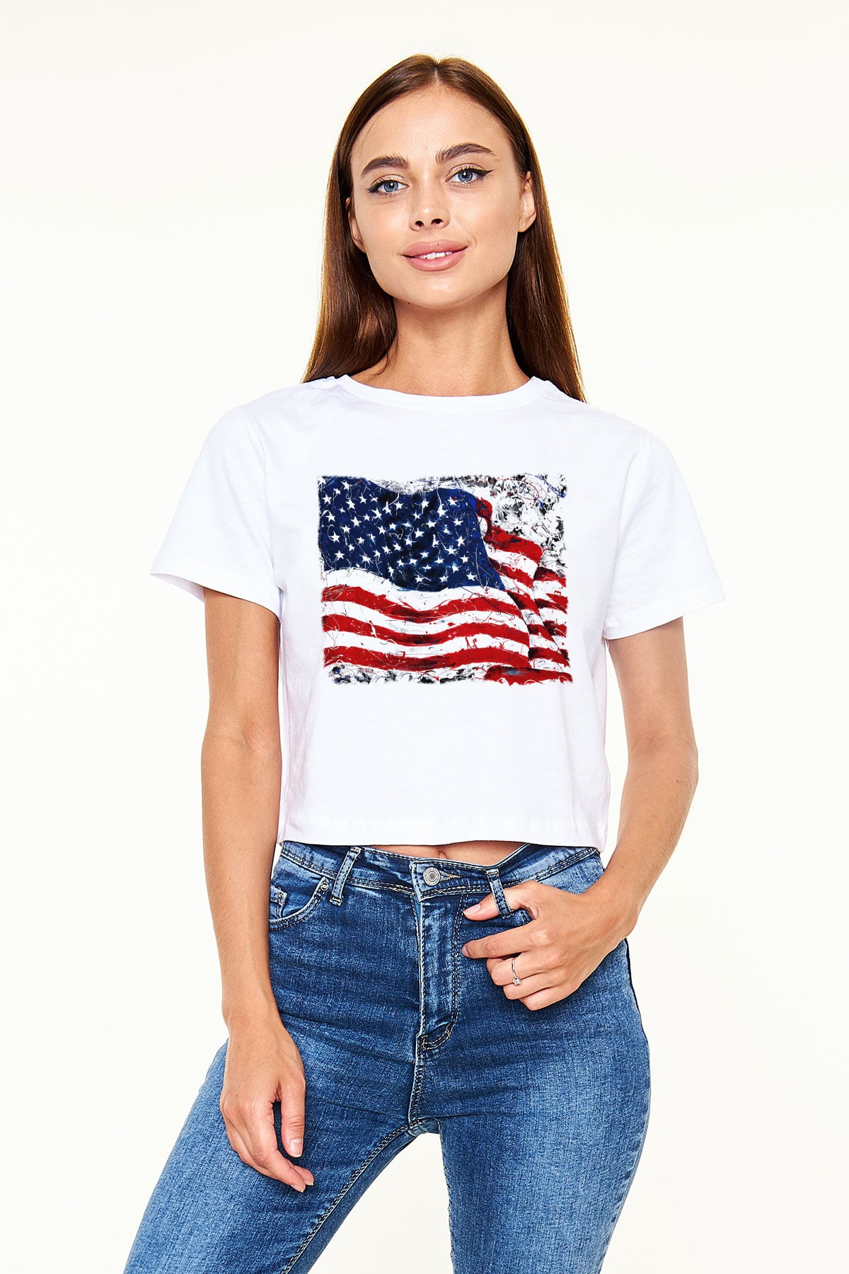 ABD Beyaz Croptop Tişört