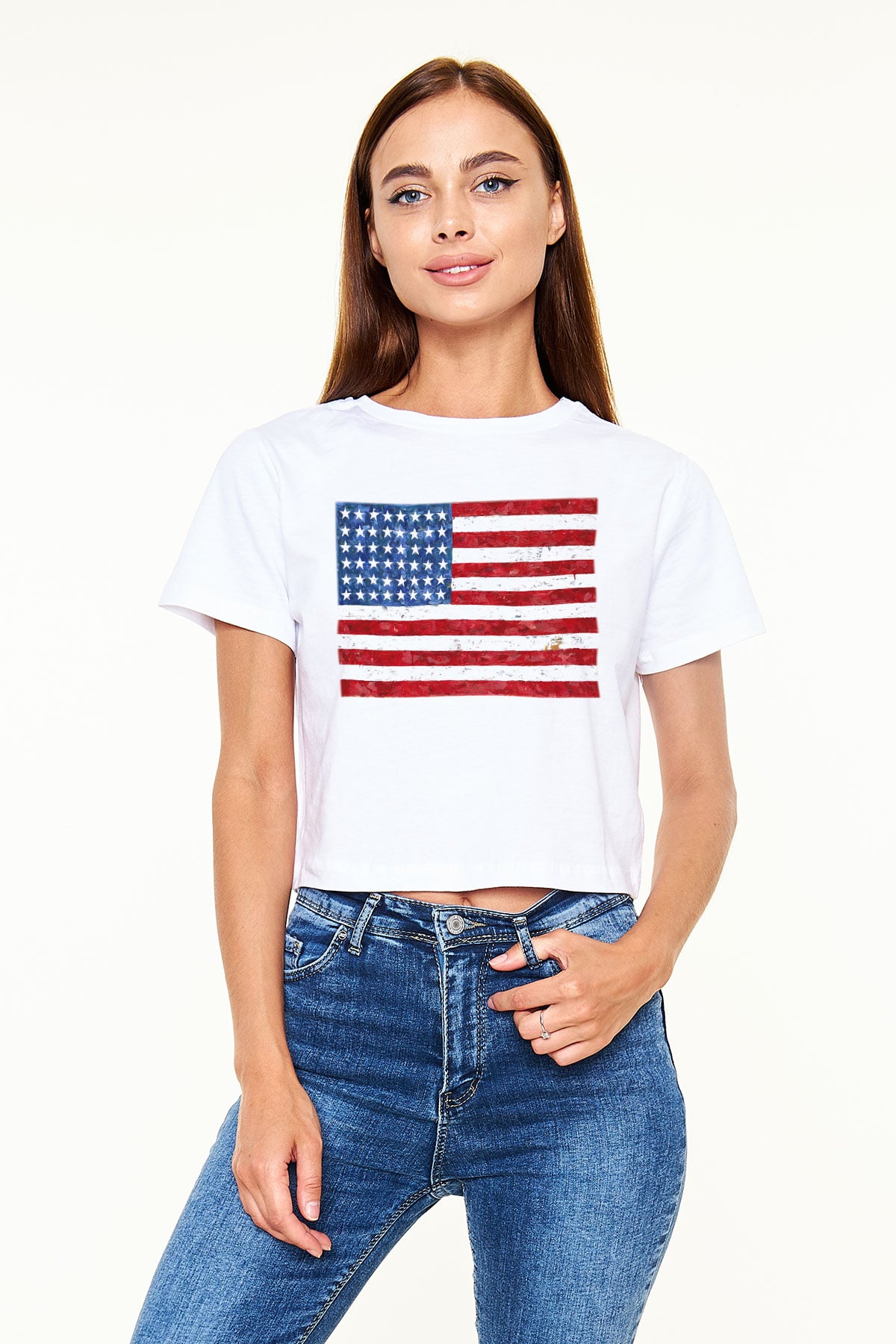 ABD Beyaz Croptop Tişört