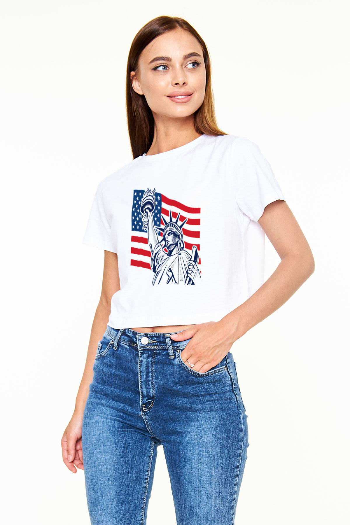 ABD Beyaz Croptop Tişört