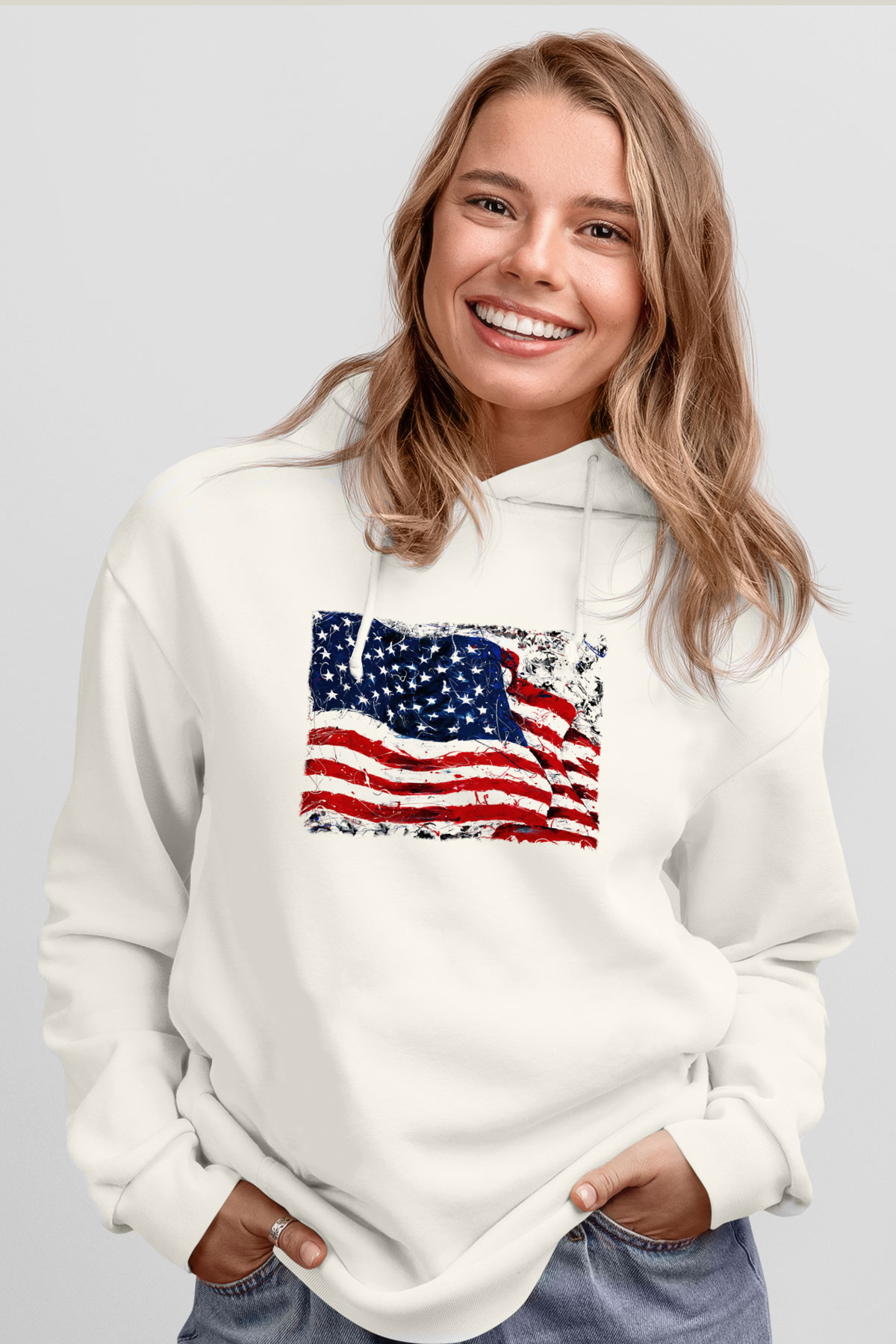 ABD Beyaz Unisex Kapşonlu Sweatshirt