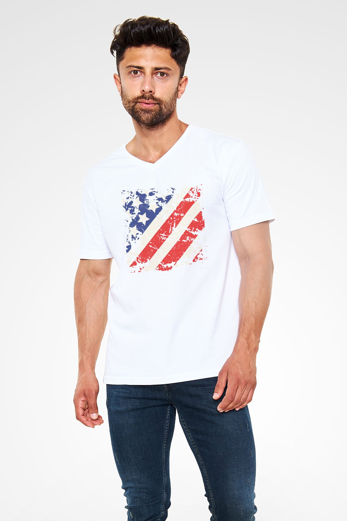 ABD Beyaz Unisex V Yaka Tişört T-Shirt