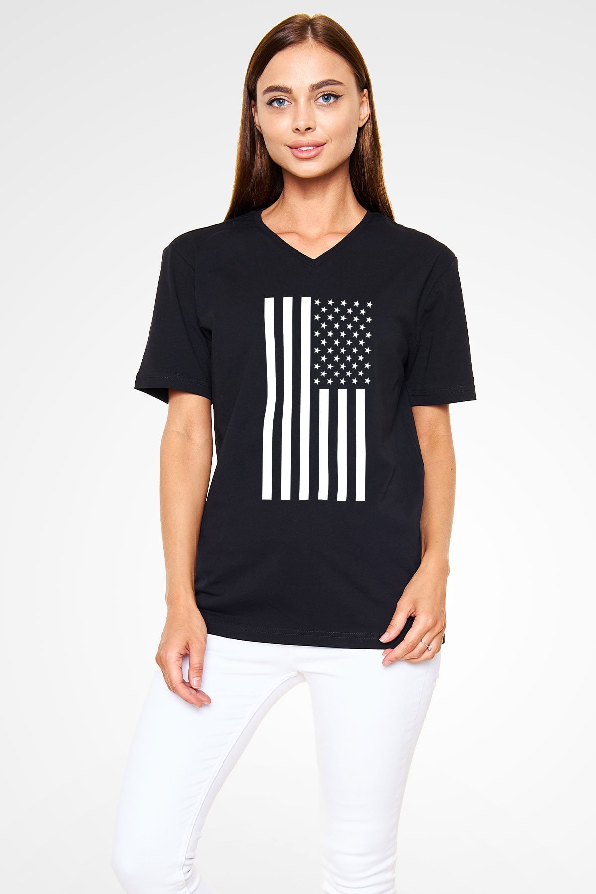 ABD Siyah Unisex V Yaka Tişört T-Shirt