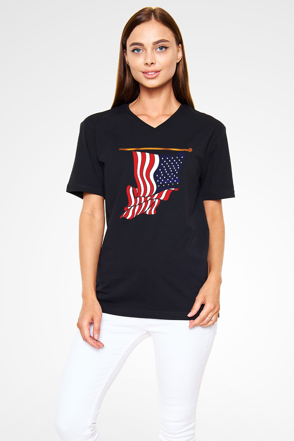 ABD Siyah Unisex V Yaka Tişört T-Shirt