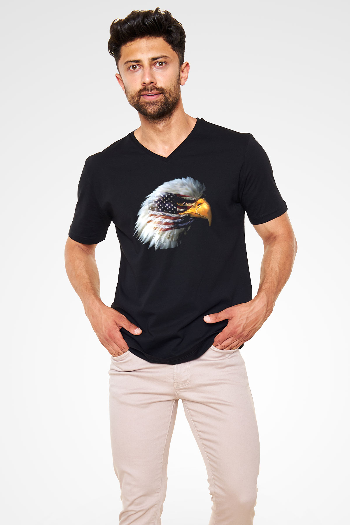 ABD Siyah Unisex V Yaka Tişört T-Shirt