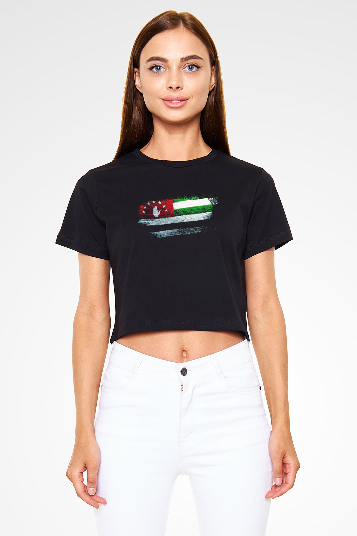Abhazya - Abkhazia Bayrağı Baskılı Kadın Crop Top Siyah Tişört