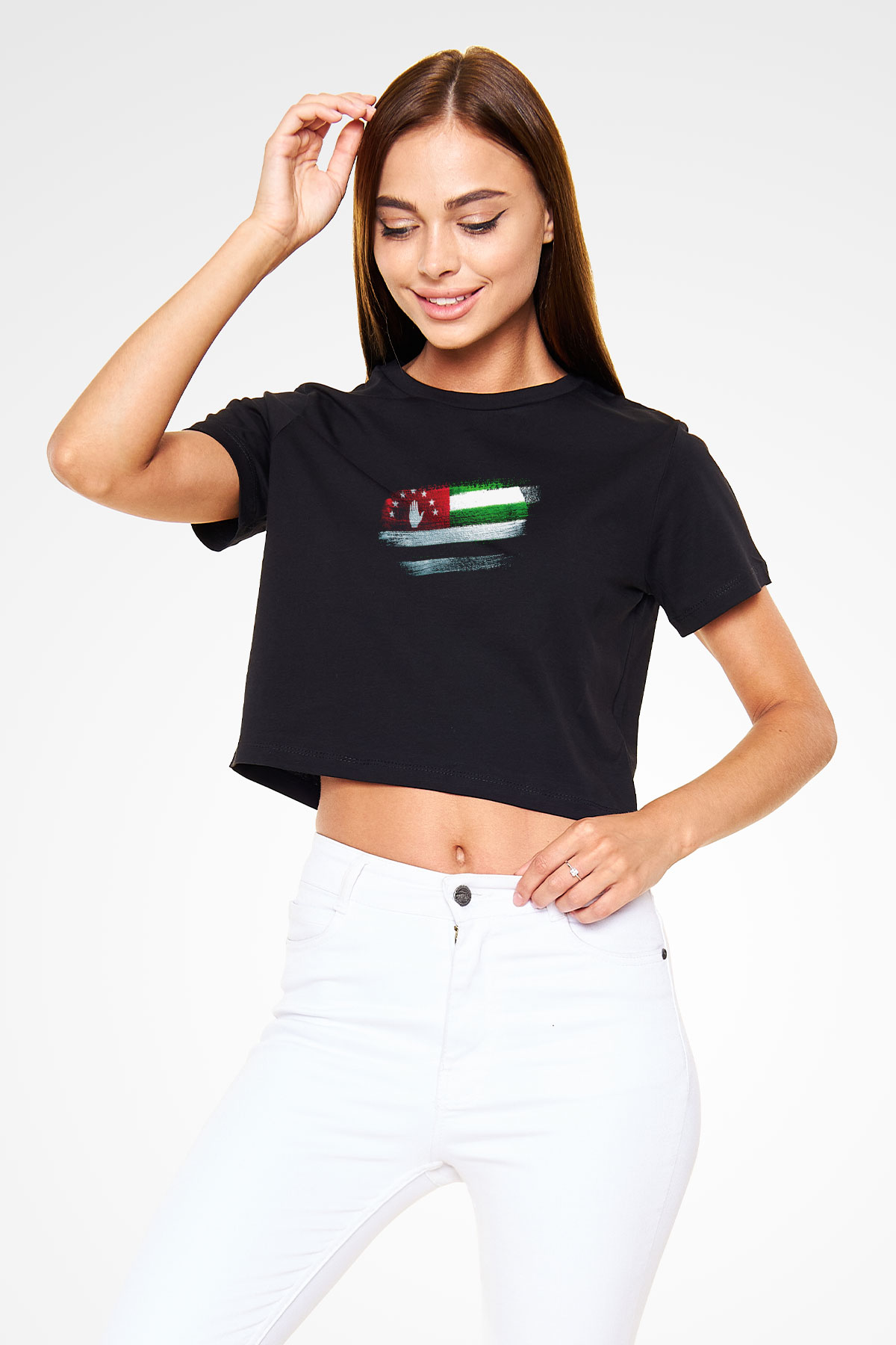 Abhazya - Abkhazia Bayrağı Baskılı Kadın Crop Top Siyah Tişört