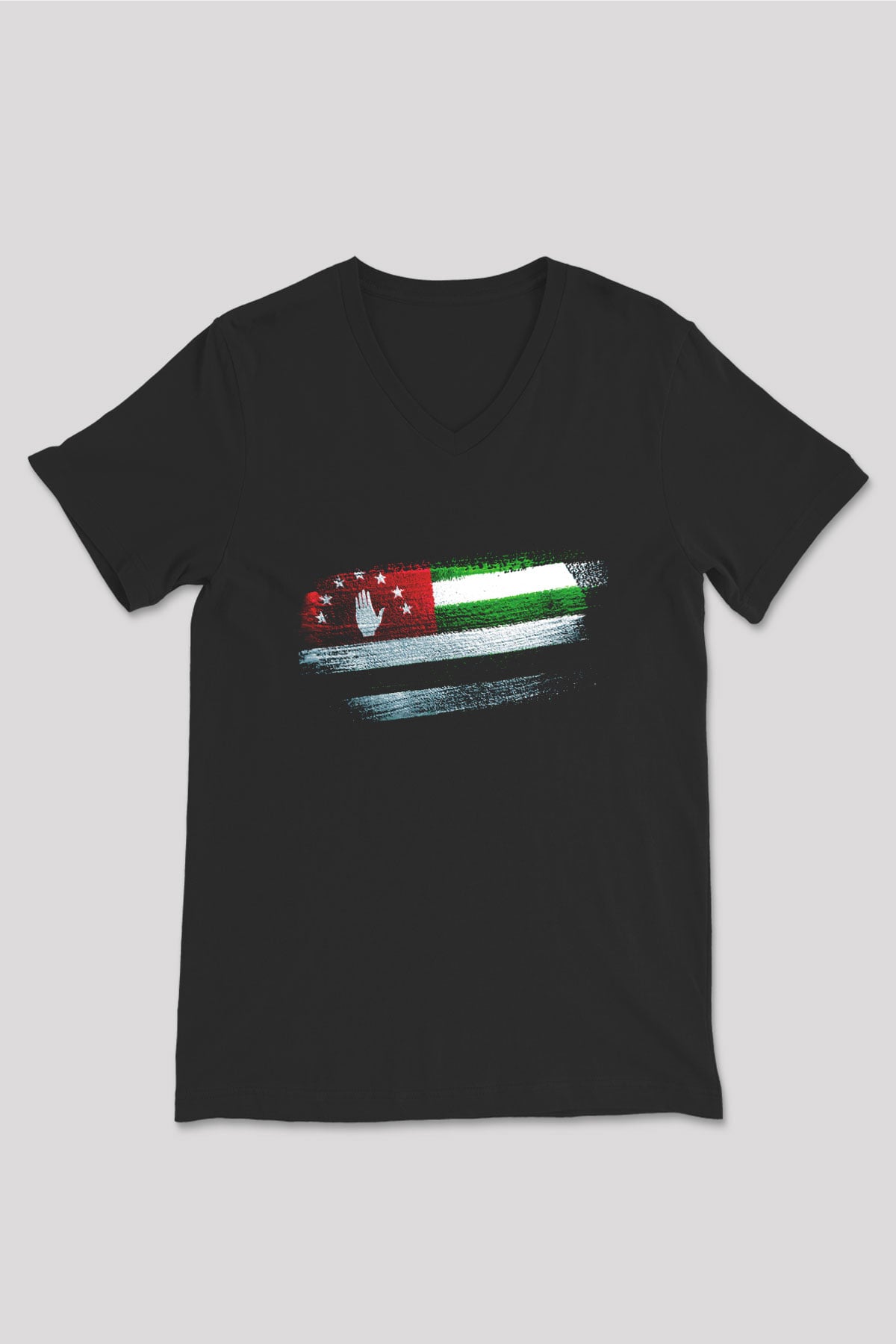 Abhazya - Abkhazia Bayrağı Baskılı Unisex Siyah V Yaka Tişört