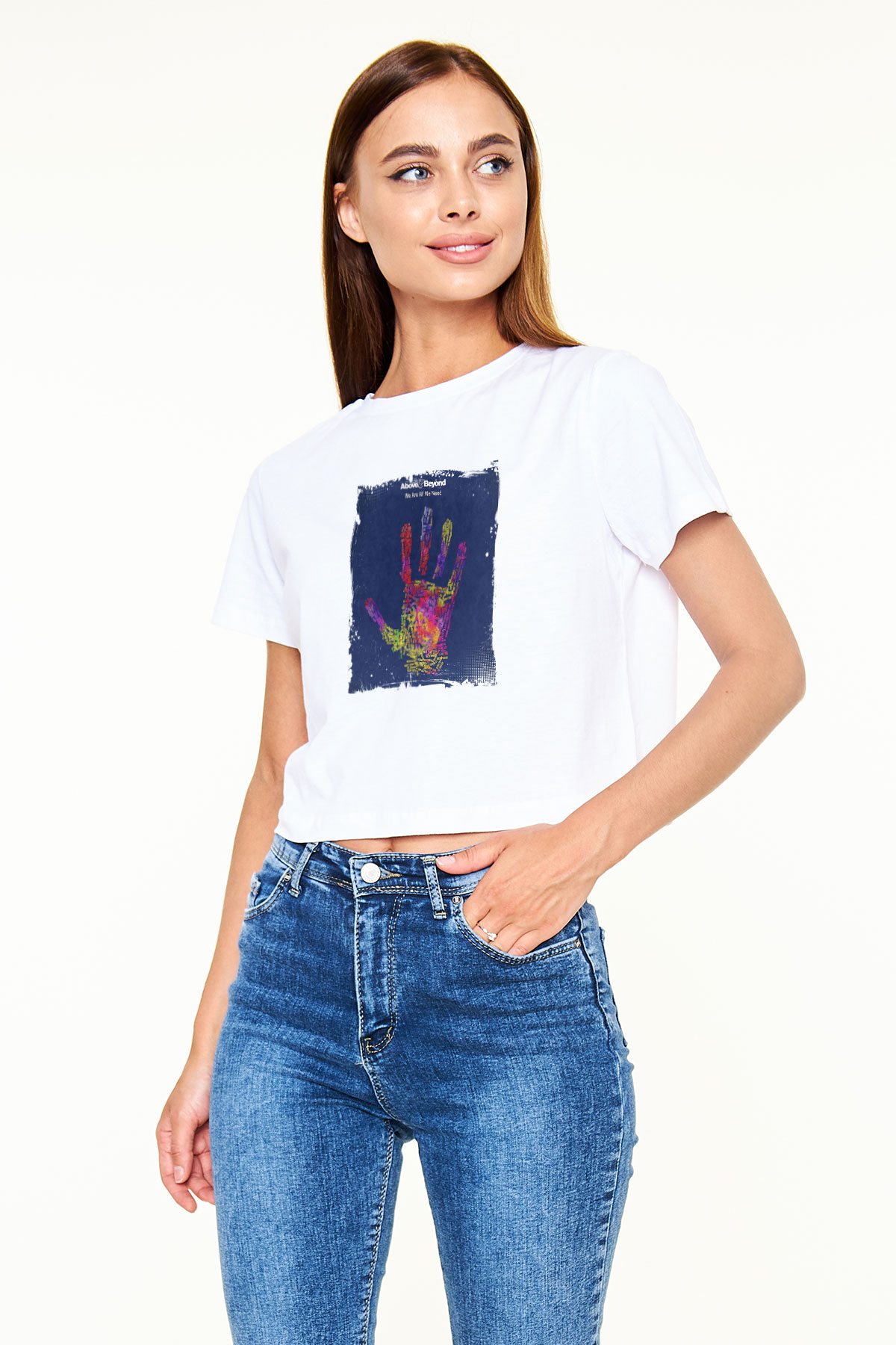Above and Beyond Baskılı Beyaz Kadın Crop Top Tişört