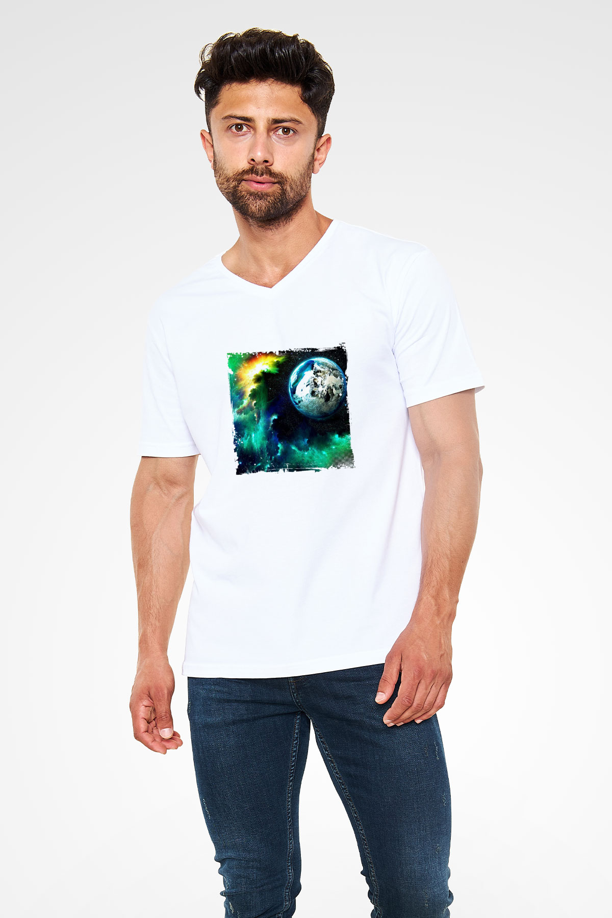 Above and Beyond Baskılı Beyaz V Yaka Unisex Tişört