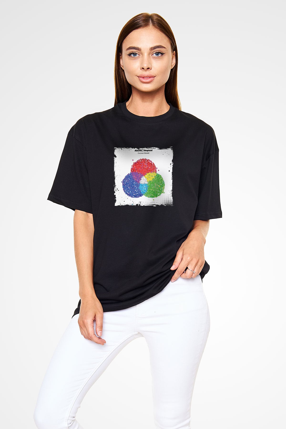 Above and Beyond Baskılı Unisex Oversize Siyah Tişört
